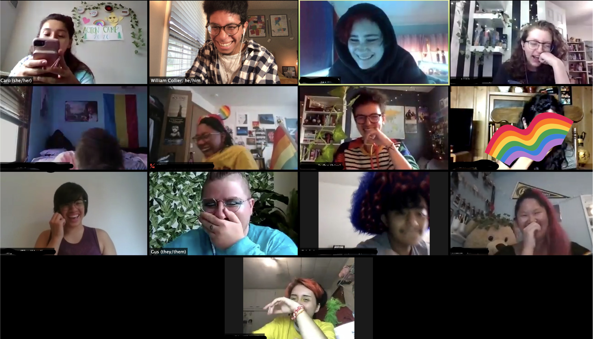 Several youth leaders and camp staff members in a Zoom grid sharing a laugh. One of the youth leaders has a rainbow over their face to protect anonymity.